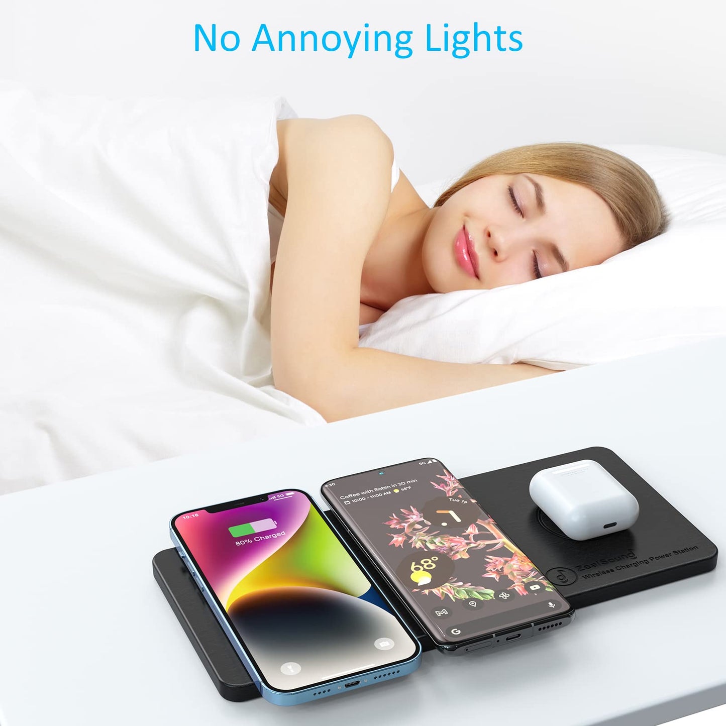 ZealSound Wireless Charging Pad, 3 in 1 Charger Mat for iPhone, Samsung Galaxy, Pixel, AirPods & Galaxy Buds, 24W Adapter Included, Ultra Slim, Case