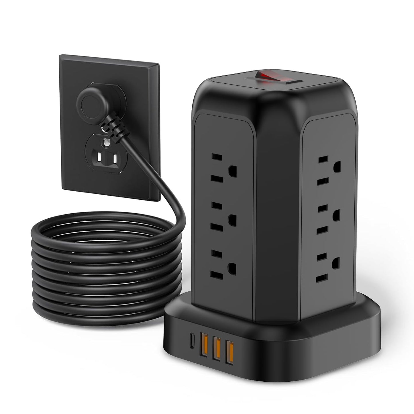 FUAUFAS Tower Power Strip Surge Protector USB Ports, Multiple Outlets Ports Desktop Charging Station, Flat Plug, Wall Mount,with Night Light Station