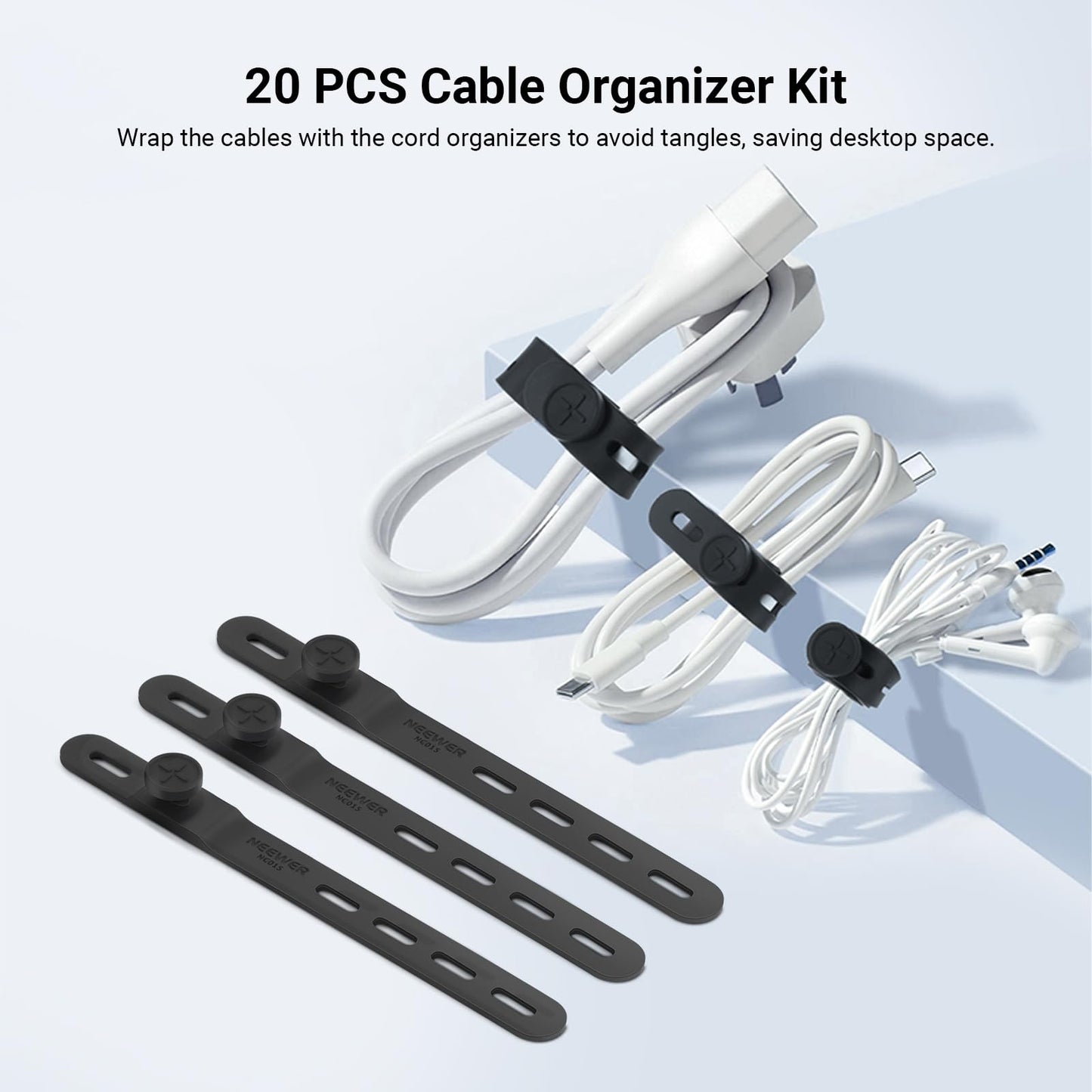 NEEWER 20PCS Silicone Cable Ties, Adjustable Reusable Office Desk Wire Organizer Data Cord Keeper Management Strap Accessories with Buckles for Power
