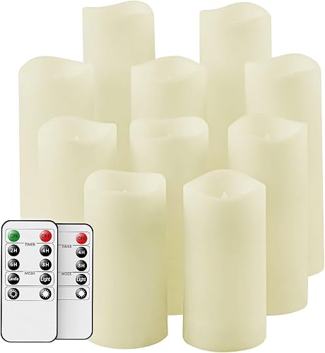 salipt Flameless Candles, LED Flickering Candles Set of 10 (H 4" 5" 6" 7" xD 2.2") Waterproof Candles, Resin Plastic, Indoor Outdoor Use,Ivory