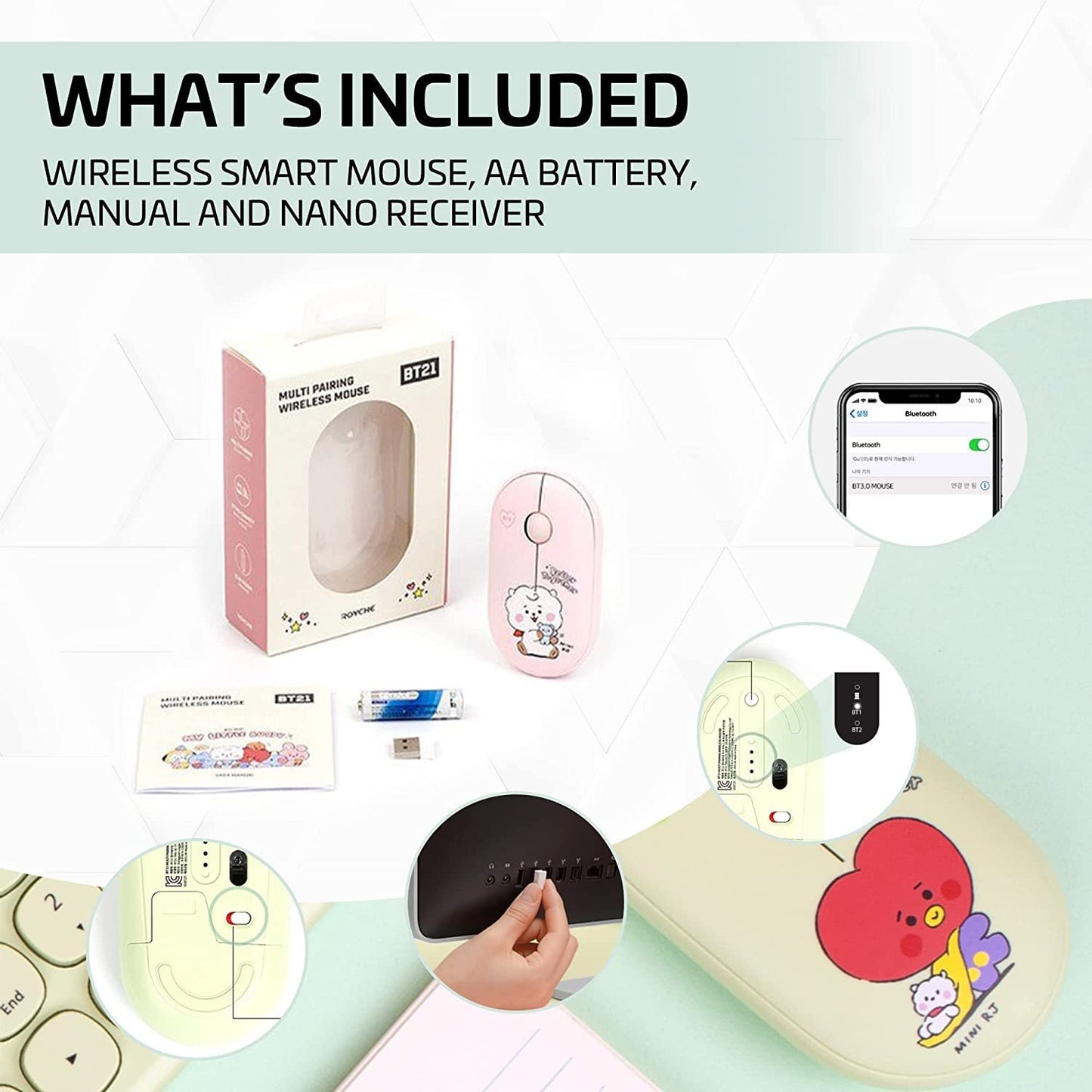 ROYCHE BTS Inspired Characters Multi Pairing Wireless Mouse, Little Buddy Baby Better Together Edition, All in Their Own Cute Style & Colors (SHOOKY)
