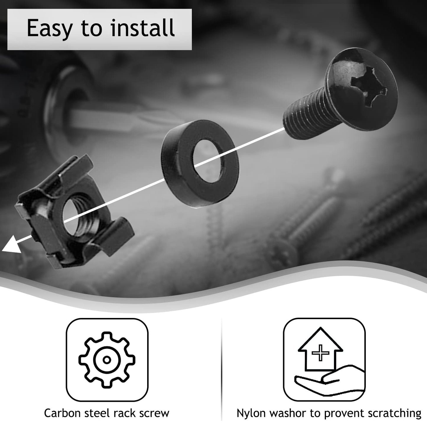 Leadrise 50-Pack M6 x 16mm Computer Rack Mount Cage Screws, Nuts & Washers for Server Cabinet - Black