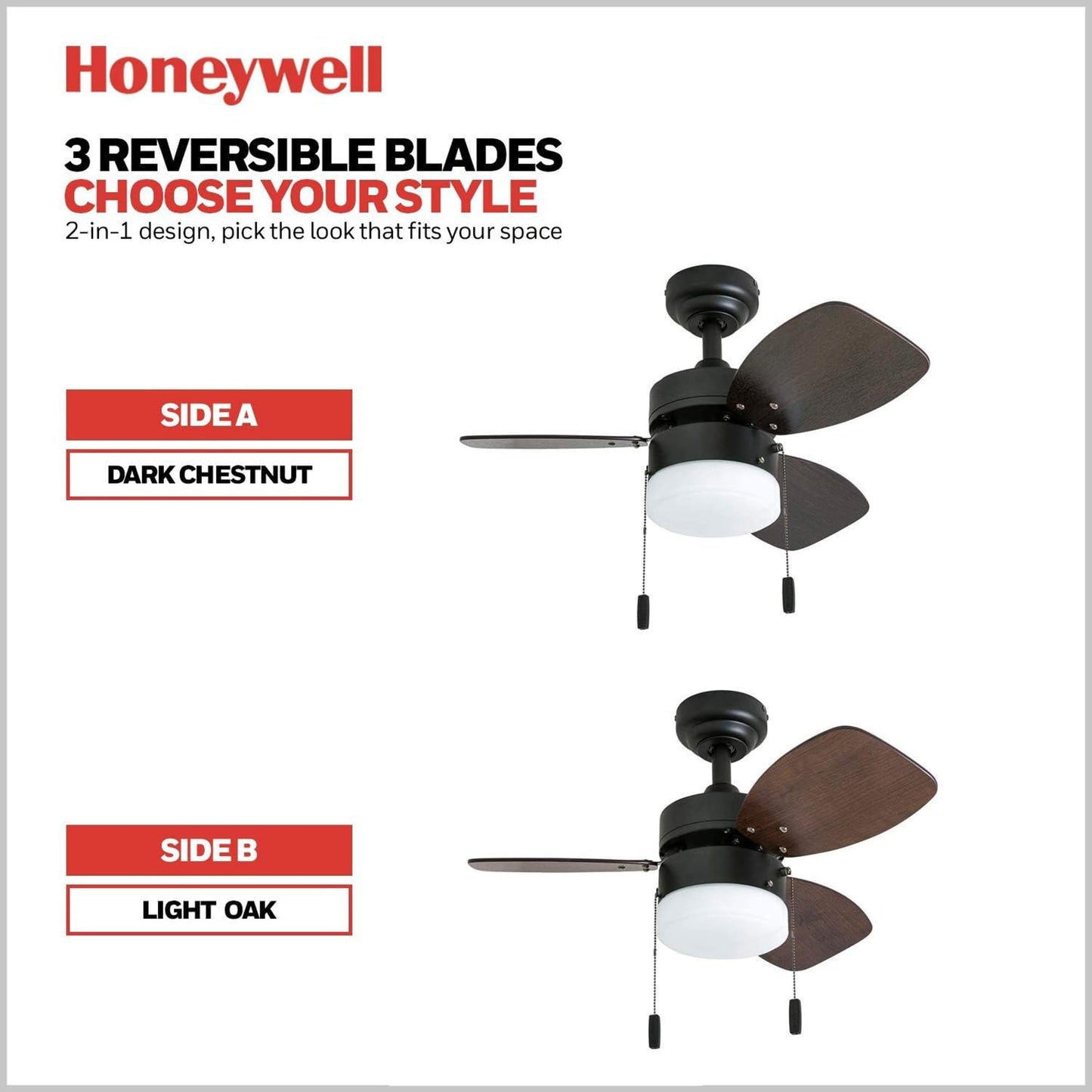 Honeywell Ceiling Fans Ocean Breeze Modern 30 Inch Ceiling Fan with Light, Pull Chain LED Indoor Fan with 3 Blades, Dark Brown Chestnut and Light Oak
