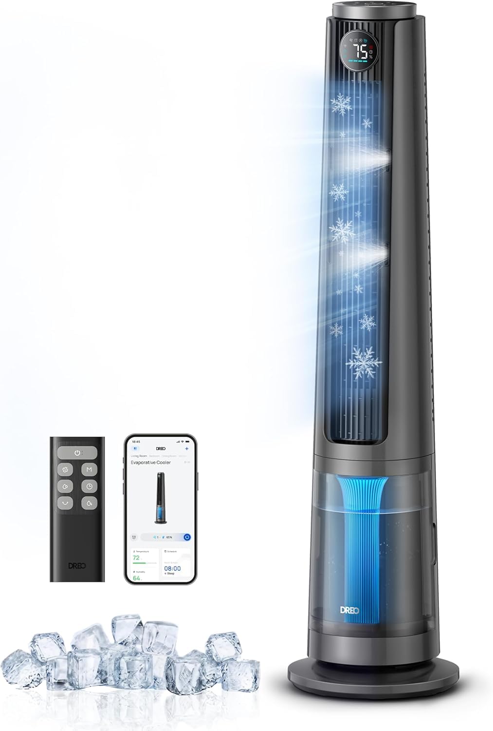 DREO TurboCool Misting Fan 765S, 10°F Cooling, 34ft/s Fast Standing Fan, Tower Fans that Blow Cold Air, 20 dB Quiet DC Motor, 6L Tank, 90° Smart