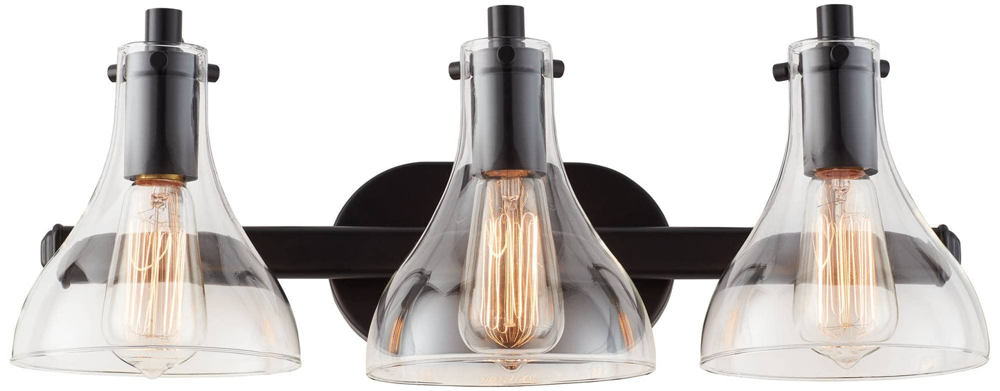 Possini Euro Design Sorren Industrial Modern Wall Light Black Metal Hardwired 20 1/2" 3-Light Fixture Curving Clear Glass Shade for Bedroom Bedside
