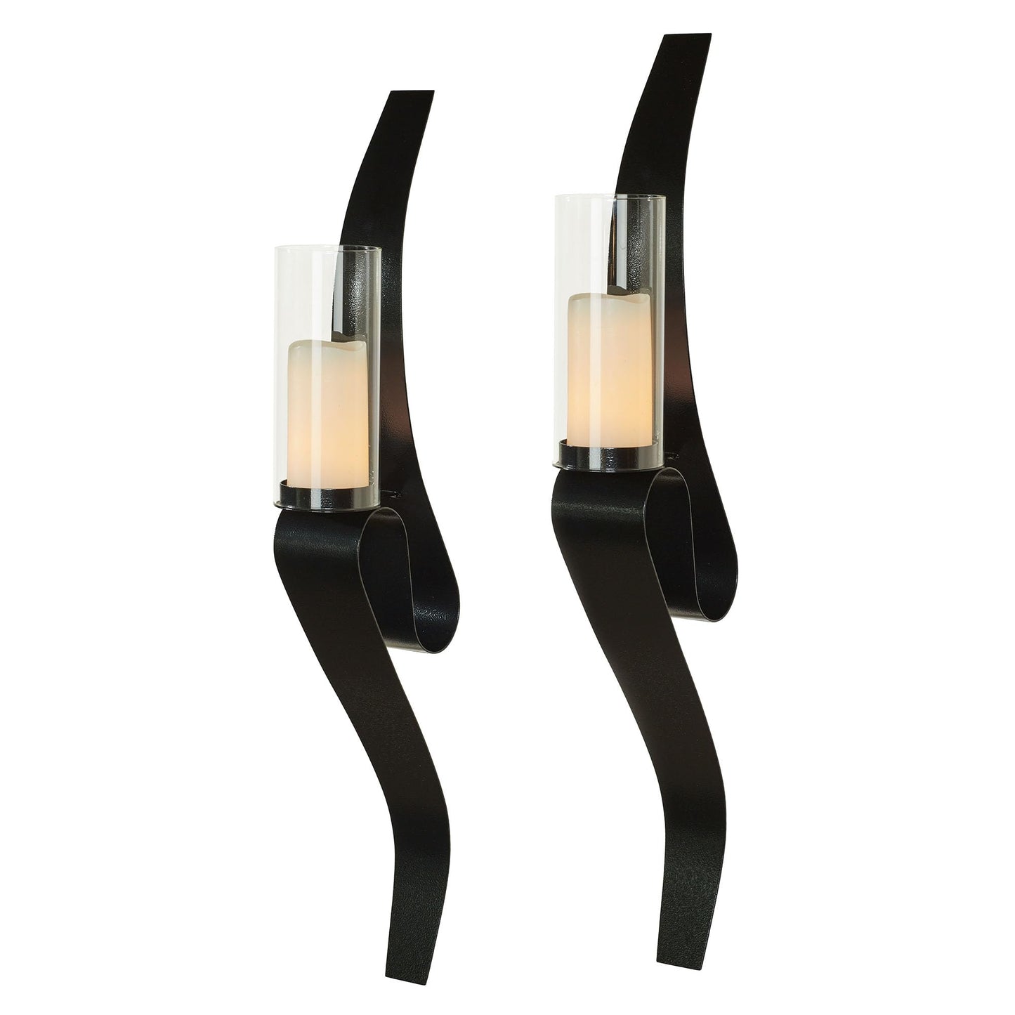 Harmony Wall Sconce Pair | Chic Black | Included Glass Hurricane Candleholders | Handcrafted in The USA | Contemporary Curving Steel Candle Holder