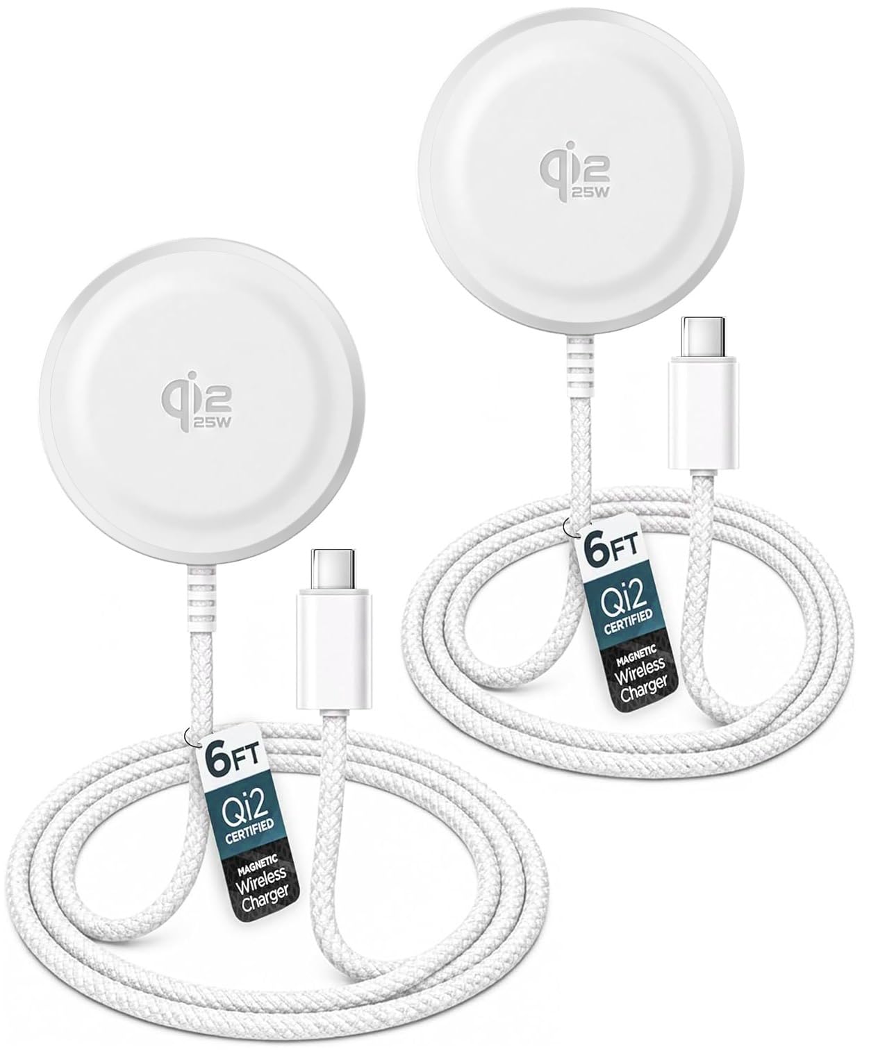 2-Pack Qi2.2 Certified Compatible with MagSafe 25W Wireless Charger - Magnetic Fast Charging Pad with 6Ft Braided Cable, for iPhone and Samsung Phones