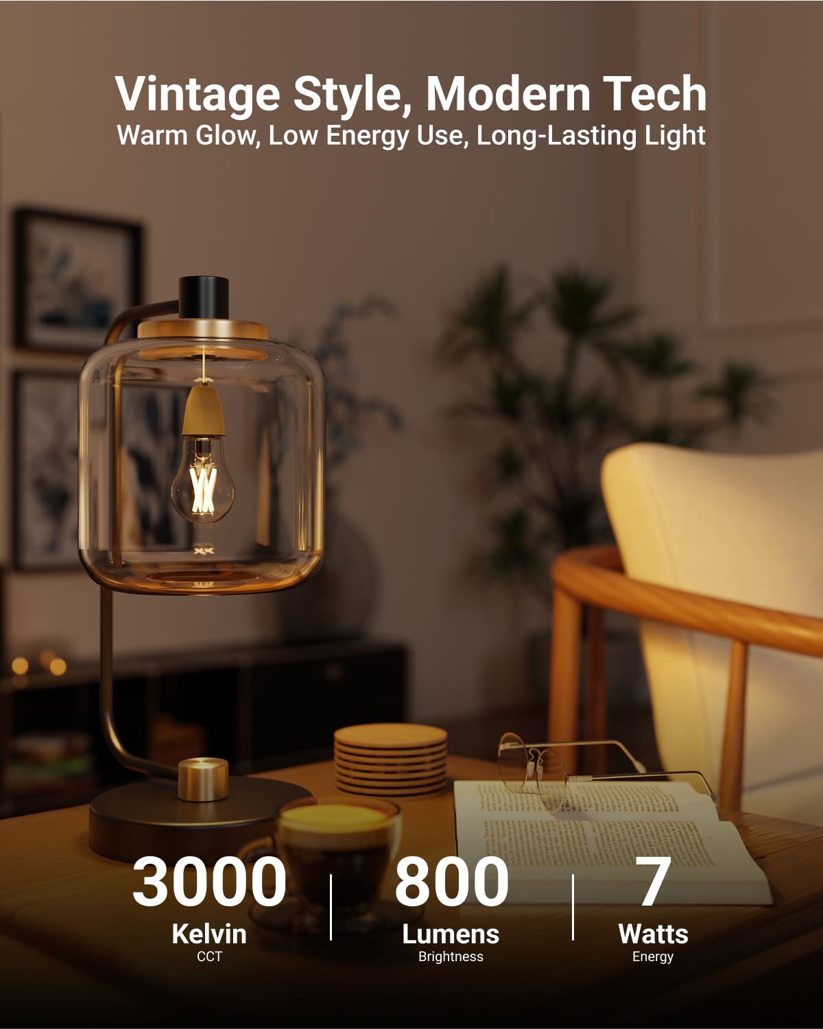 Sunco A15 Filament LED Light Bulbs, E26, 7W=60W, Dimmable, 3000K, 4 Pack