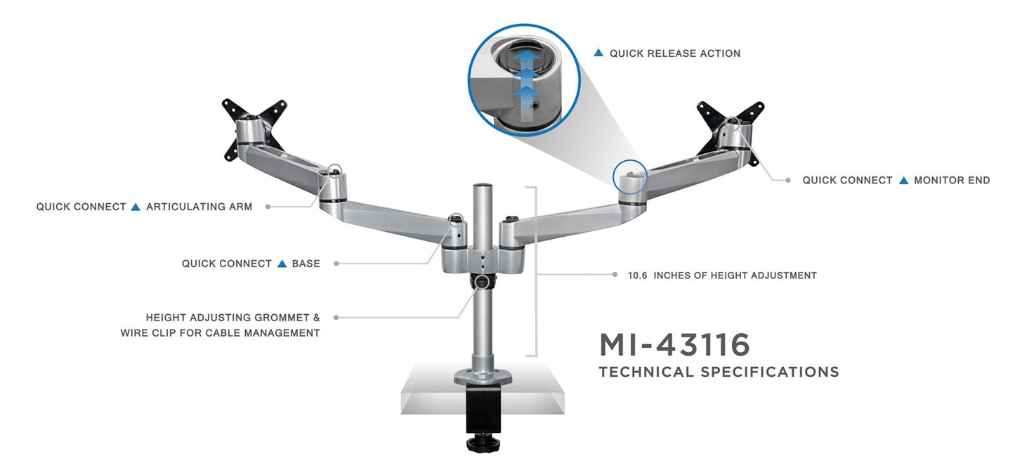 Mount-It! Dual Monitor Desk Mount with Full Motion Swivel Arms | Premium Aluminum Material with Modular Quick Connect Function (MI-43116)