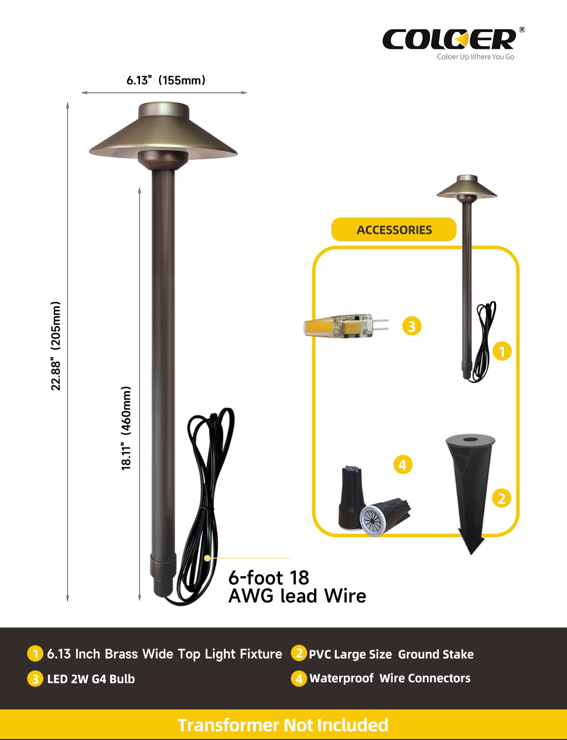 COLOER Brass Low Voltage Pathway Lights Wired 4-Pack with 3W LED G4 Bulb,12V Waterproof China Hat Outdoor Path Lighting for Yard, Patio, Landscape