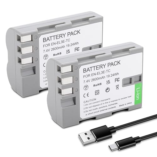 TZRONG 2 Pack EN-EL3e Battery with USB-C Charging Port for Nikon D50, D70, D70s, D80, D90, D100, D200, D300, D300S, D700, MH-18, MH-18a Digital SLR