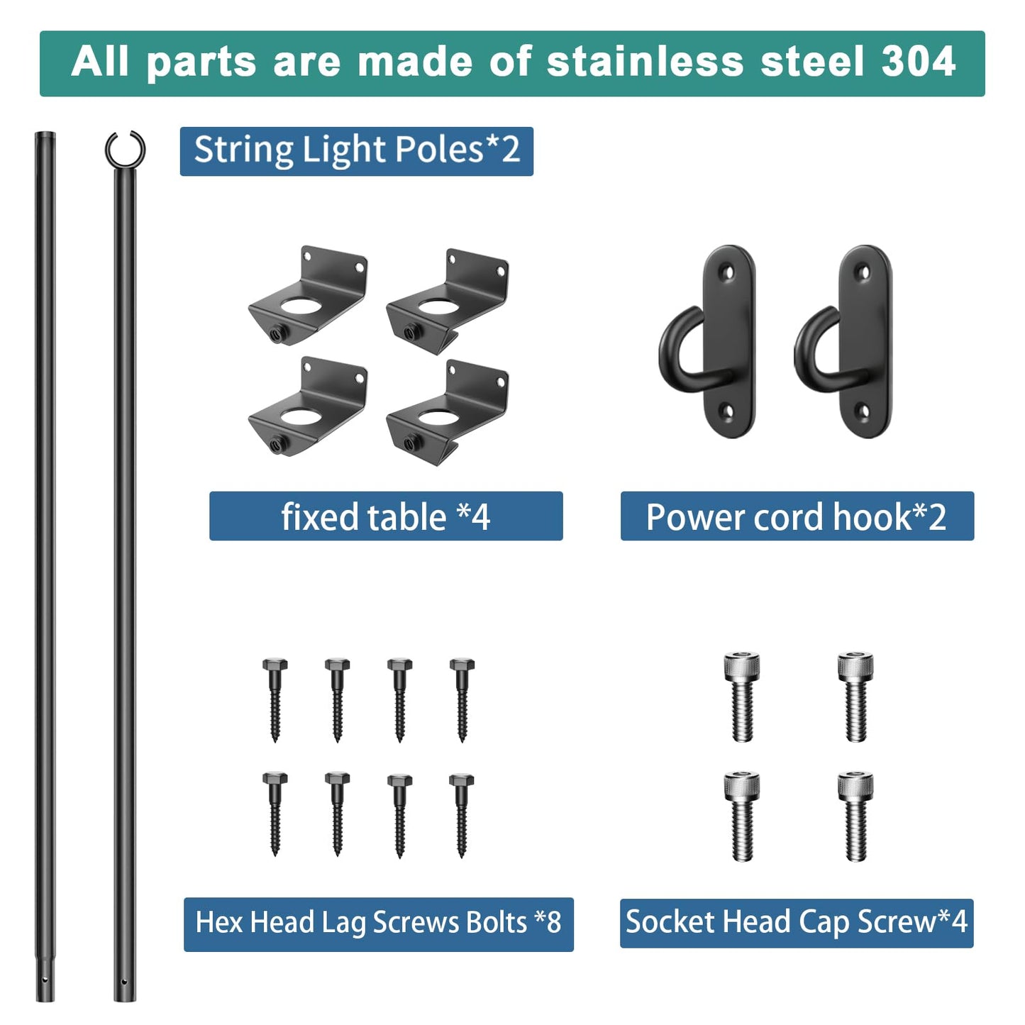 Antsky 2 Pack String Light Poles - Stainless Steel 6.5FT Deck Lights Poles with 2 Wall Hooks for Outdoor Light, String Lights, with SS Screws for Wood