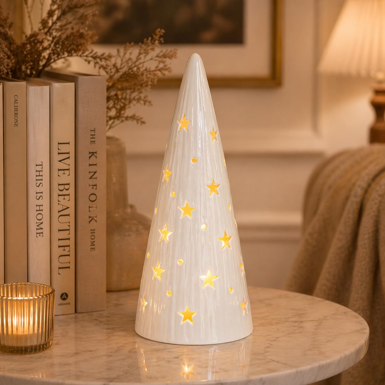 White Ceramic Light Up Cone Tree with Star Design LED Christmas Decoration Battery Powered Tabletop Holiday Home Decor Winter Night Light MOMENTS IN