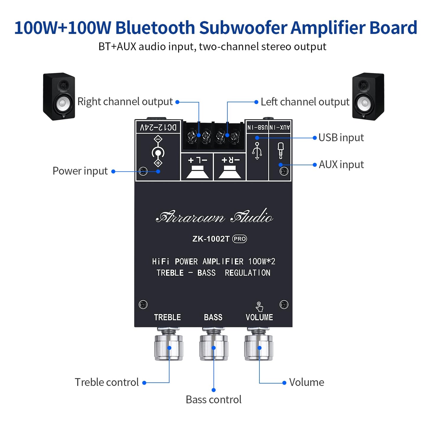 ARRAROWN ZK-1002T RPO 2.0 Channel Bluetooth 5.0 Amplifier Board 200W HiFi Subwoofer Audio AMP with Treble and Bass, BT USB and AUX Inputs, DC 12-24V