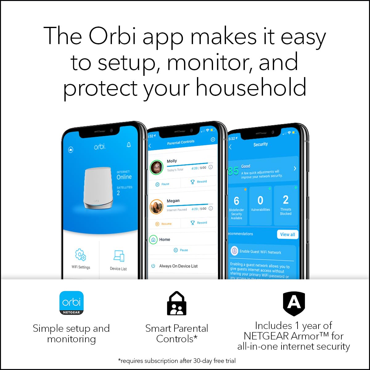 NETGEAR Orbi Whole Home Tri-Band Mesh WiFi 6 System (RBK652S) - Router + 1 Satellite Extender - Security Features - Coverage up to 3,500 sq. ft., 40
