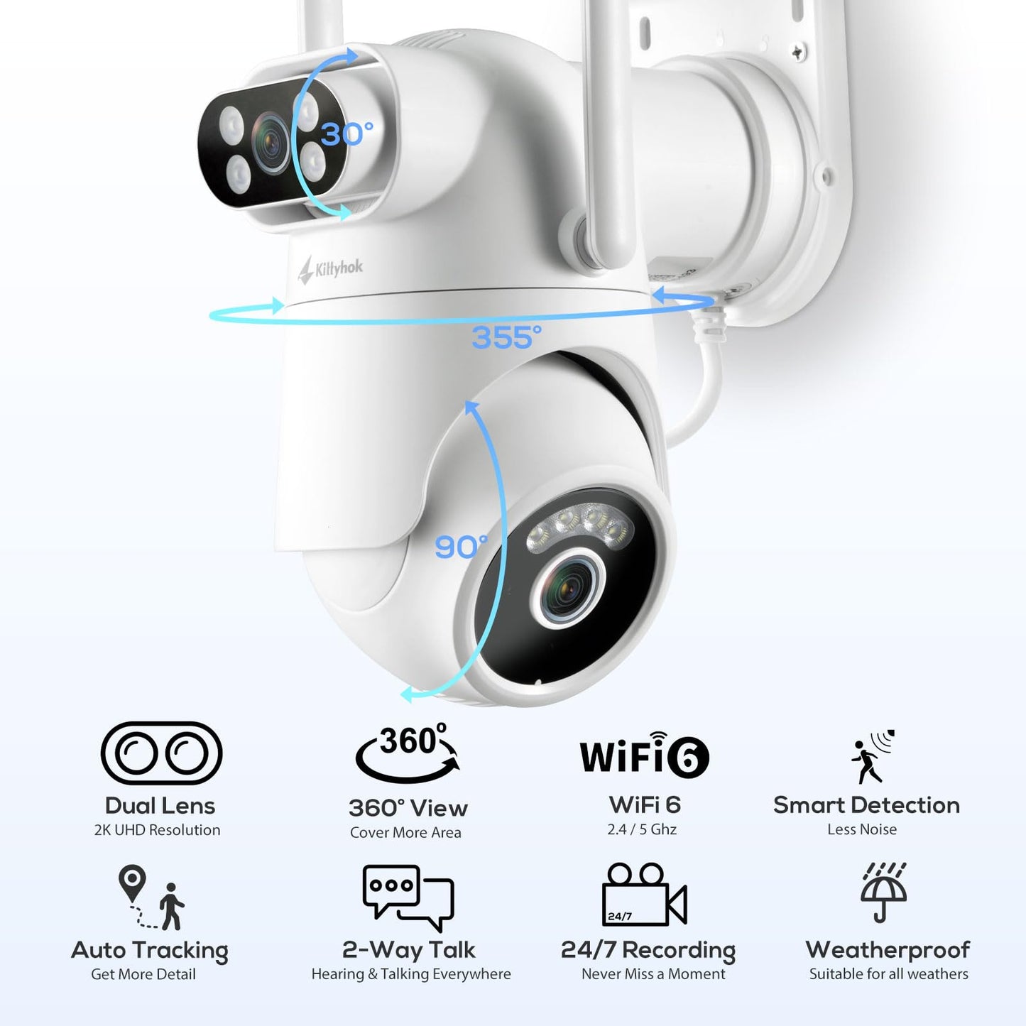Wireless Security Camera System with 10" Touchscreen Monitor, Dual Lens 2K Security Cameras Wireless Outdoor with 2.4/5GHz WiFi, 360° PTZ, Auto