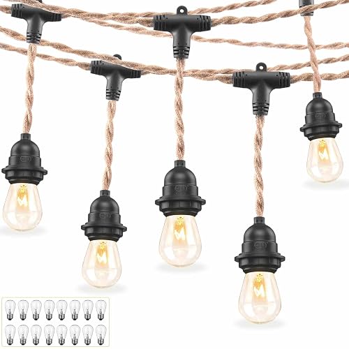 EE Eleven Master 48 FT Hemp Rope Outdoor String Lights Waterproof Patio Lights with 15 Shatterproof Heavy-Duty Commercial Grade Connectable