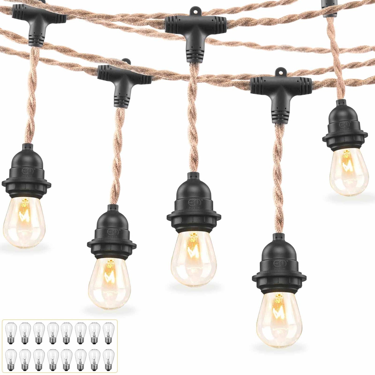 EE Eleven Master 48 FT Hemp Rope Outdoor String Lights Waterproof Patio Lights with 15 Shatterproof Heavy-Duty Commercial Grade Connectable