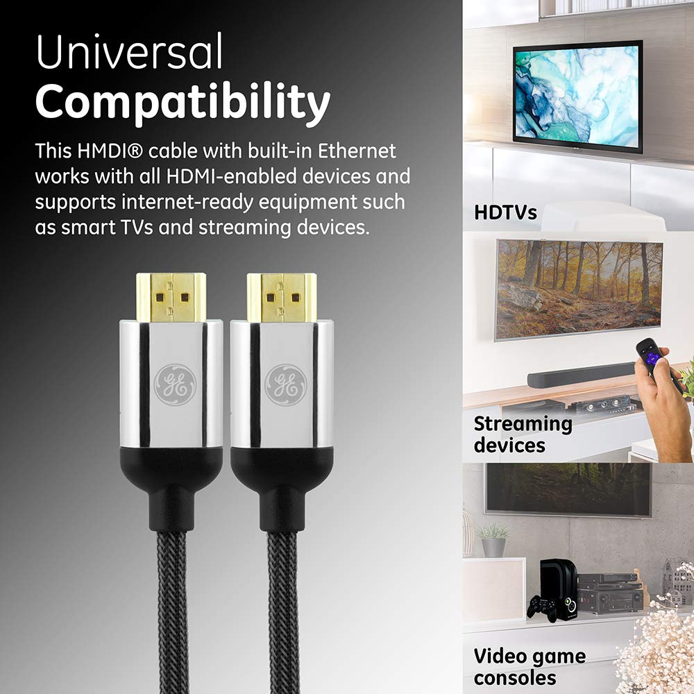 GE 4K HDMI Cable, 6 ft. Premium HDMI 2.0 High Speed 18 Gbps with Ethernet, 4K 60Hz, 1440p 1080p 120Hz, HDR, for HDTV, Streaming, Blu-ray, Gaming, PS4