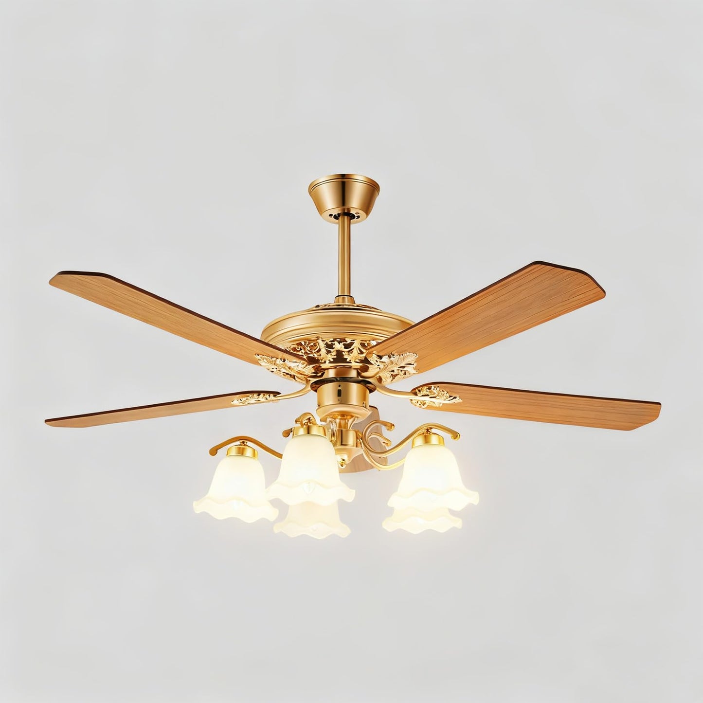 Flhonudi 52inch Golden Ceiling Fan with Light Glass Shade Modern Fan Wooden Blades Chandelier Fan Reversible Slient Motor 3 Speed Adjustable w/Remote