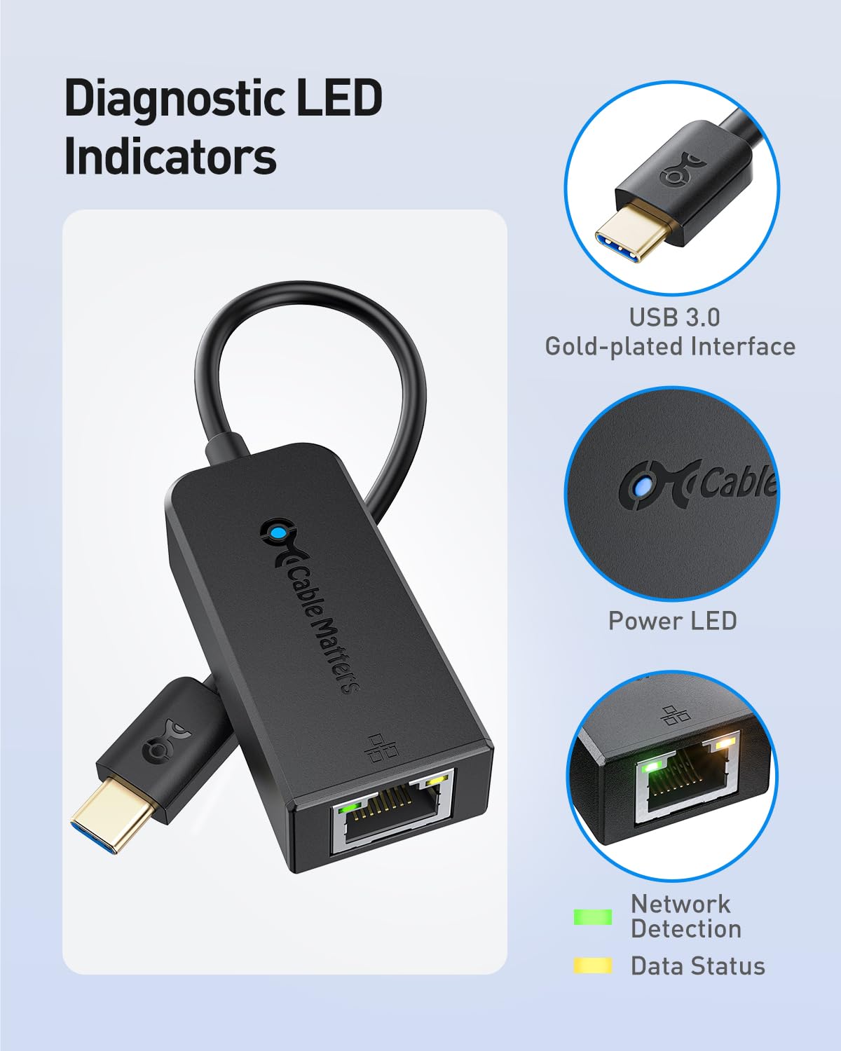 Cable Matters USB C to Ethernet Adapter, Gigabit Ethernet to USB C, Black