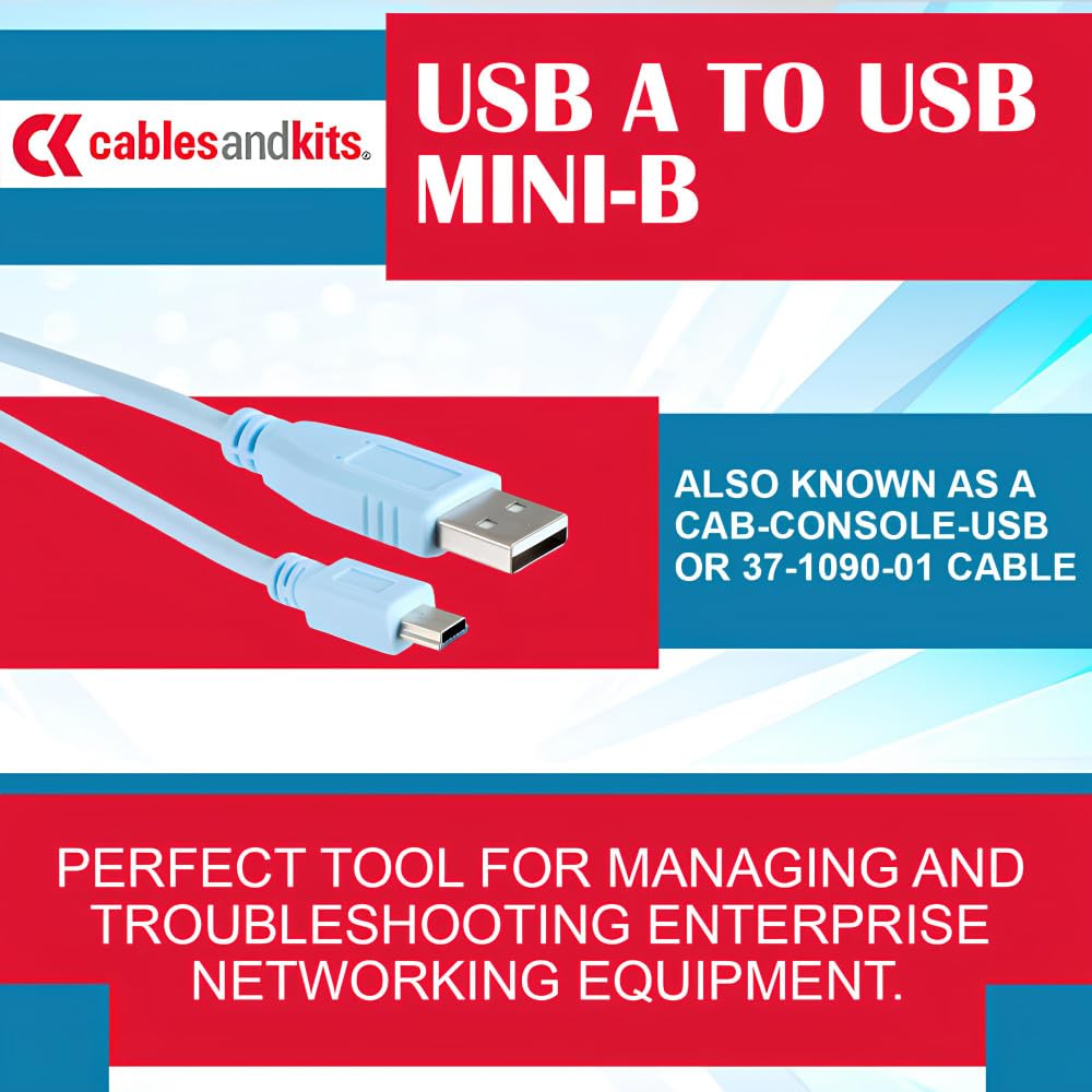 CablesAndKits Compatible Cisco Blue USB Console Cable 6ft | A to Mini-B Rollover Cable | Compatible with Cisco Routers, Switches, Firewalls |