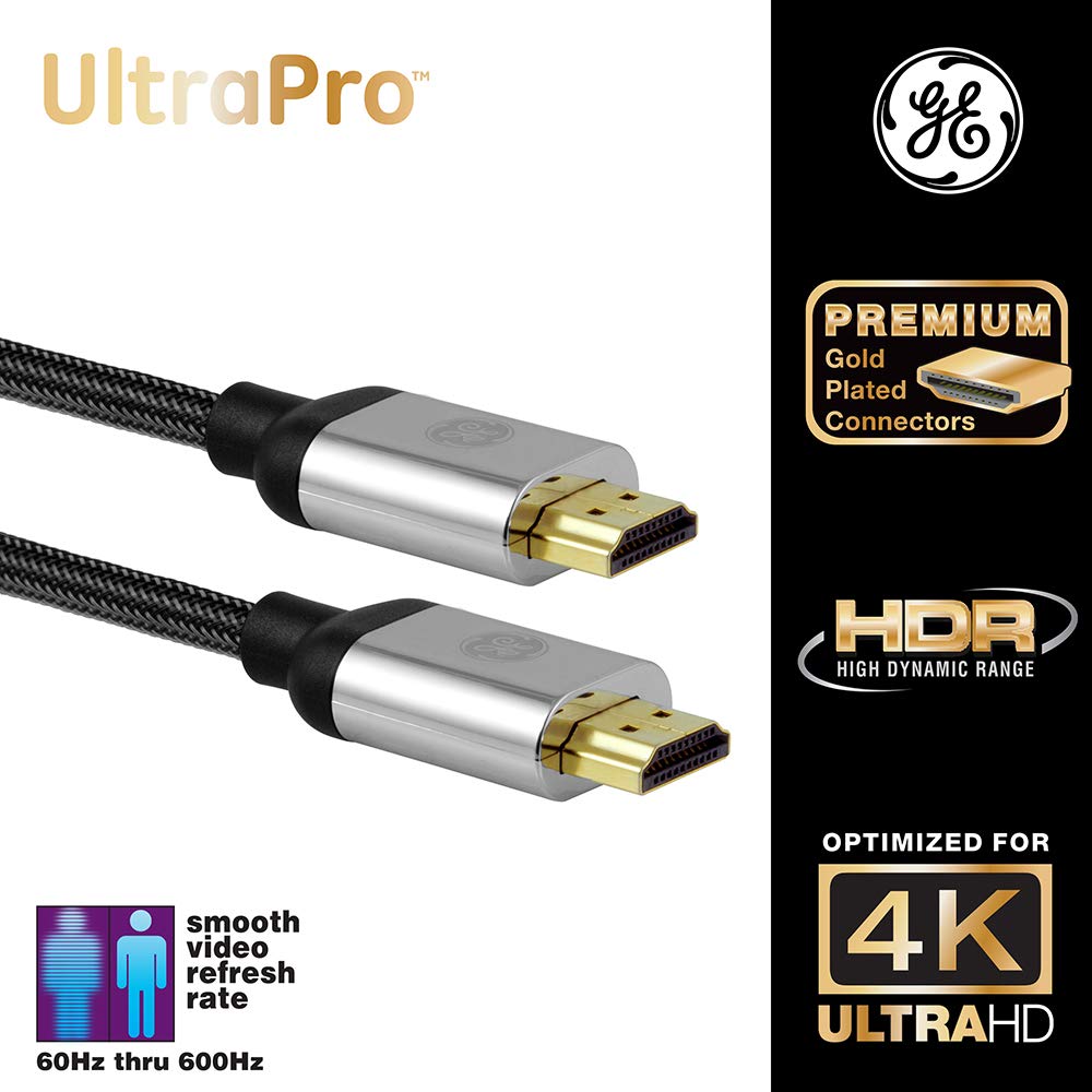 GE 4K HDMI Cable, 6 ft. Premium HDMI 2.0 High Speed 18 Gbps with Ethernet, 4K 60Hz, 1440p 1080p 120Hz, HDR, for HDTV, Streaming, Blu-ray, Gaming, PS4