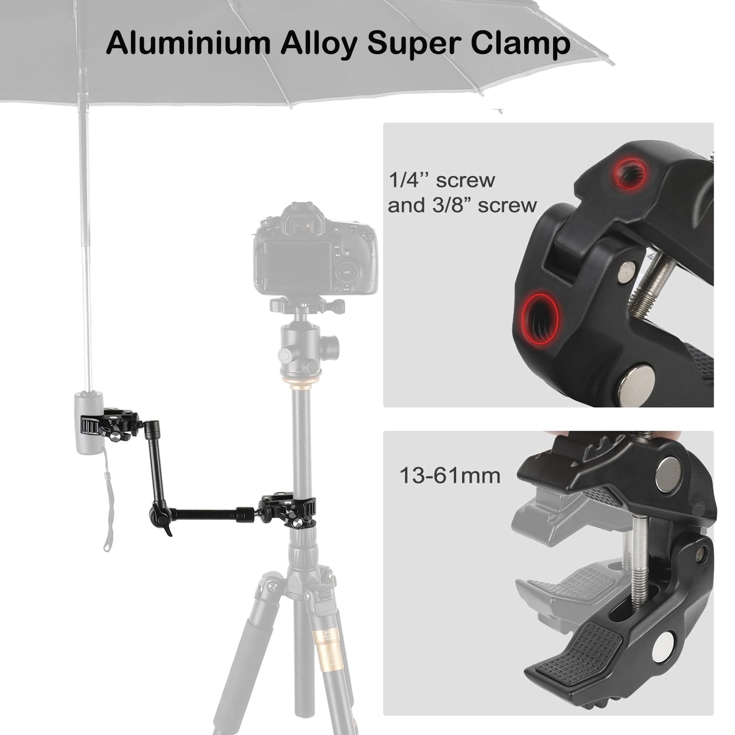 PellKing Magic Arm Clamp Kit, Camera Mount Articulating Friction Arm w 2 Pcs Super Clamp, w 1/4"-20 Screw and Thread Hole, for Camera, Light, Monitor