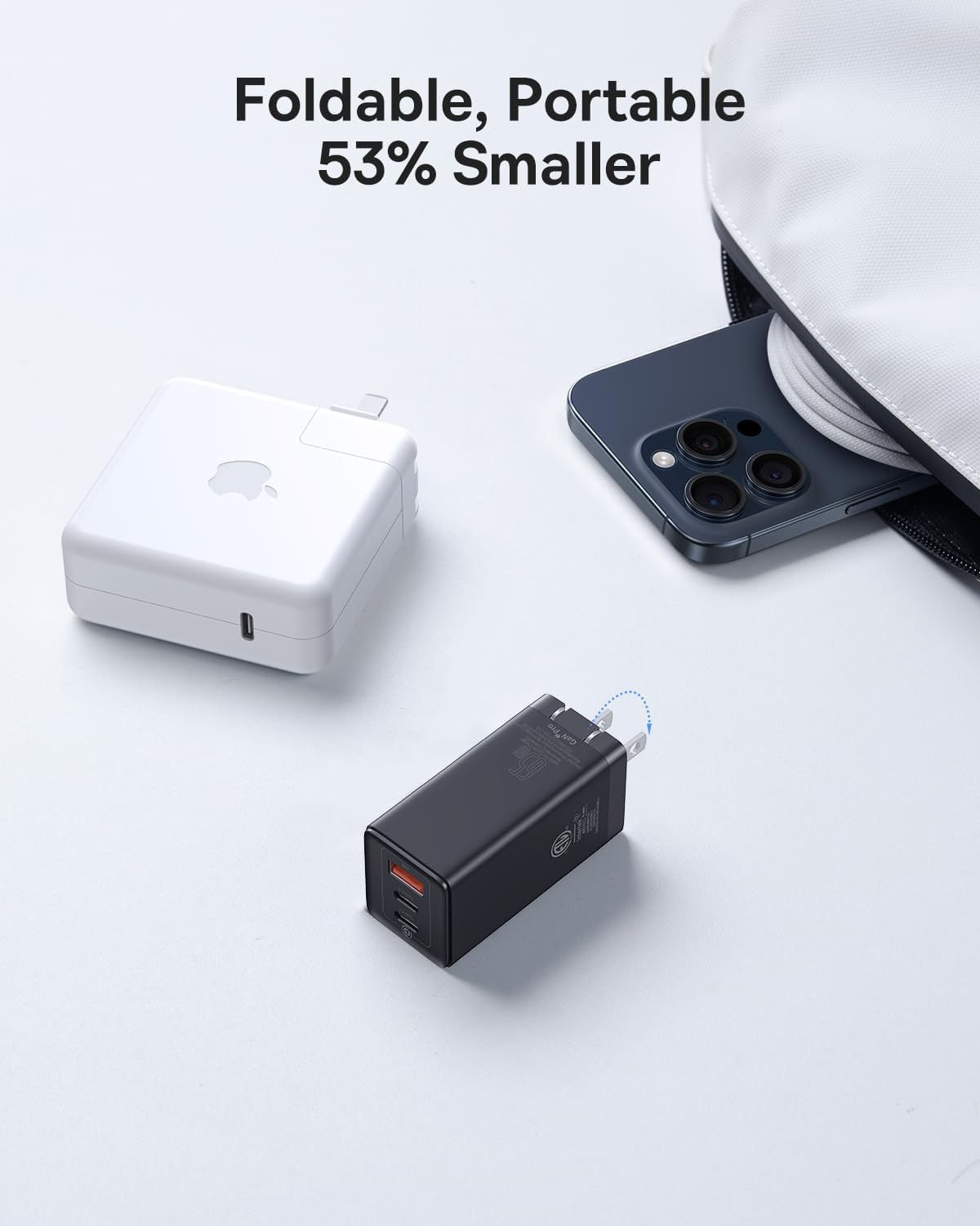 USB C Charger, Baseus 65W USB C Wall Charger, 3 Ports Foldable GaN Charger, Fast Charger Block for iPhone 15/14/13/Pro Max/SE/XR/XS, Galaxy S22+/S22