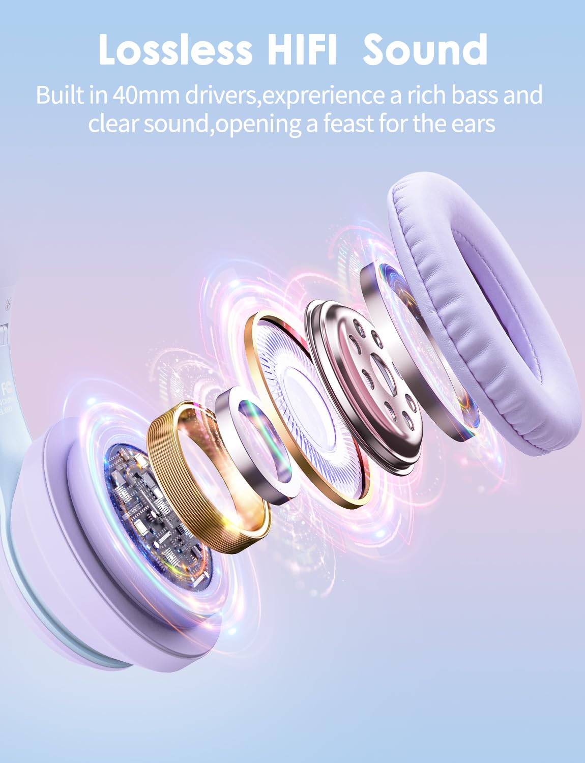 ONITOON Cat Ear Bluetooth Headphones with Micphone for Kids & Adults, LED Light Up Wireless HI-FI Sound Quality, Over-Ear Headphones with Volume
