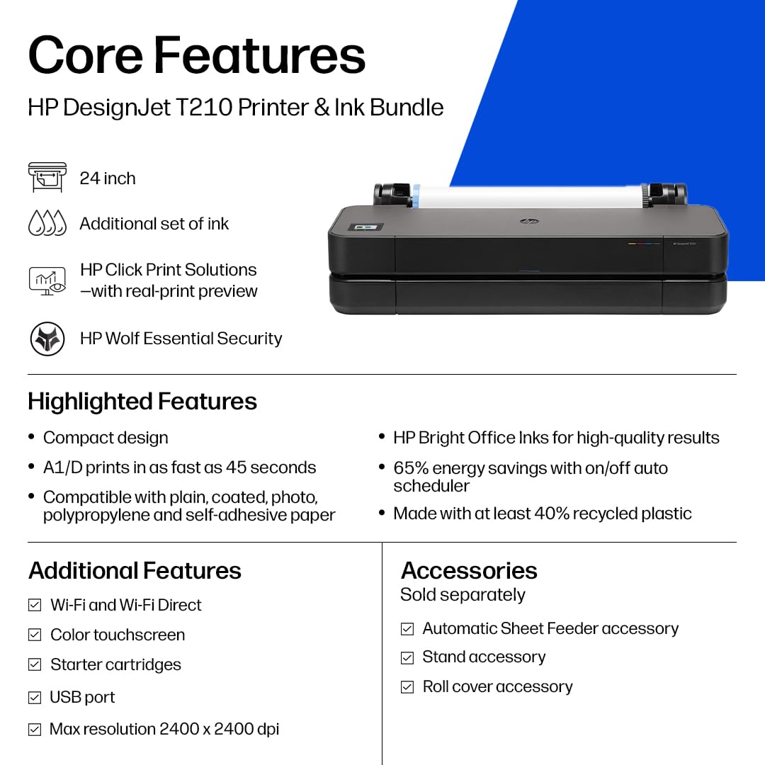 HP DesignJet T210 Large Format 24-inch Poster Printer, for Easy Poster & CAD Printing. Includes up to 1-Year of Ink (8AG32L) - New Model