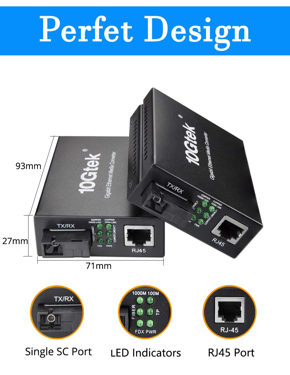 BiDi Gigabit Single Mode SC Media Converter, 10/100/1000M Fiber to Ethernet Converter, 1000Base-FX Single SC to 10/100/1000Base-T/TX RJ45, Built-in
