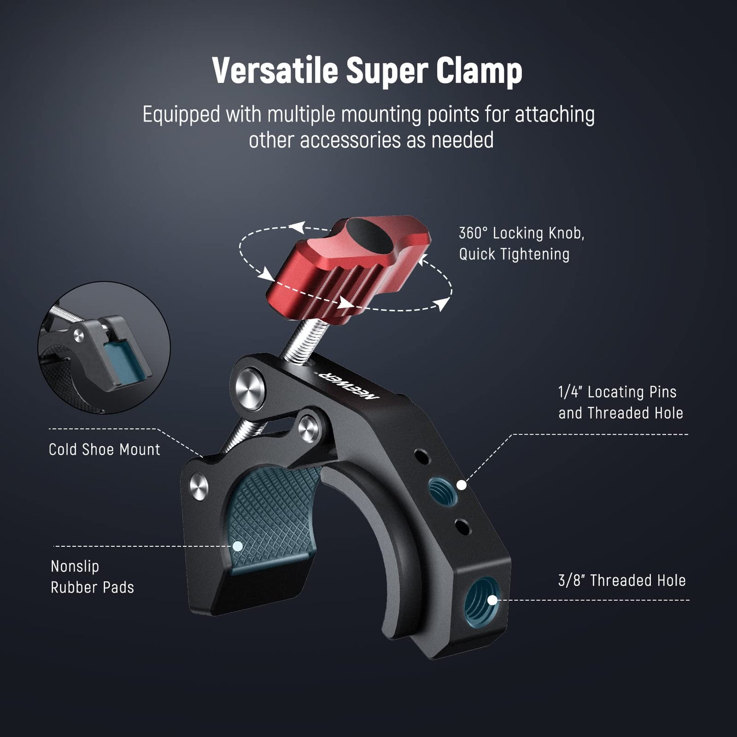 NEEWER Super Clamp with Cold Shoe & 1/4 Inch 3/8 Inch Thread Holes, Max. Load 4 kg, Crab Shaped Camera Tripod Holder for Most Photo Accessories