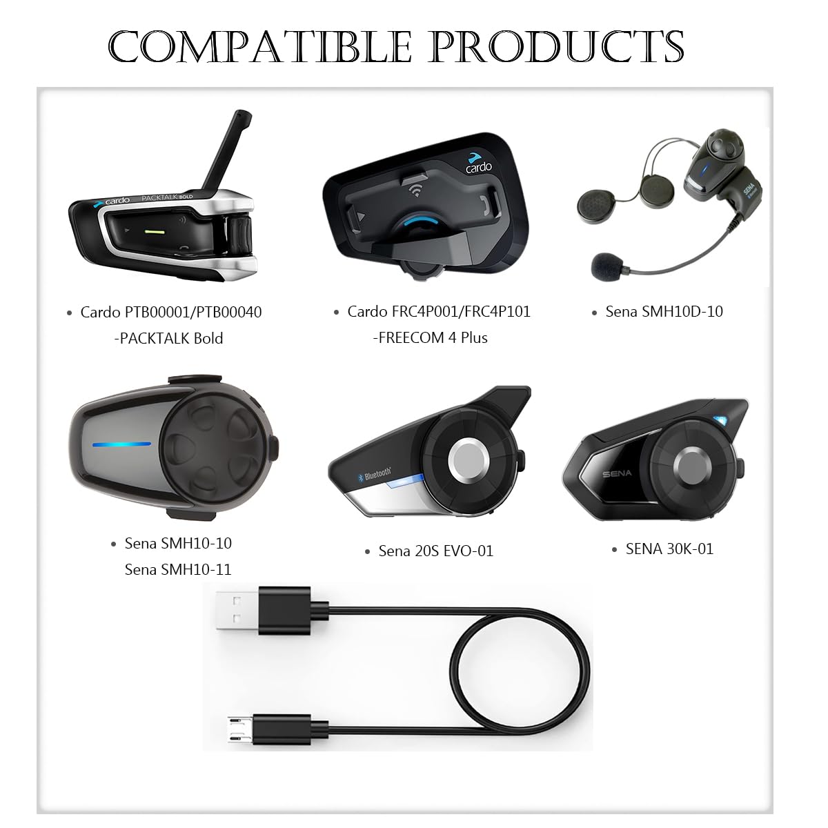 Charger Cable for Cardo PTB00001/PTB00040-PACKTALK Bold, FRC4P001/FRC4P101-FREECOM 4 Plus, Sena SMH10D-10, 10-10, 10R, 10-11, 20S-01, EVO, 30K-01