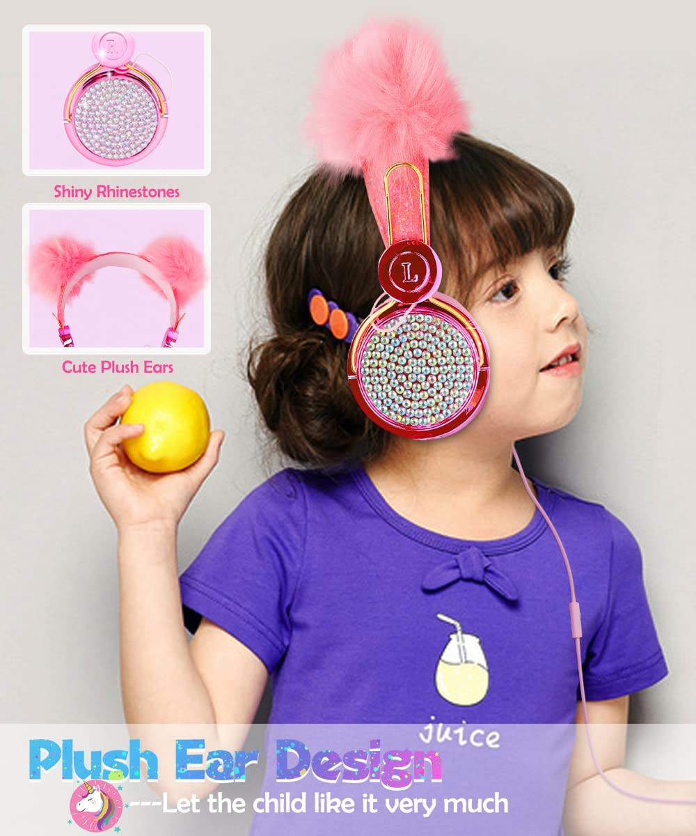 SVYHUOK Girls Pink Pompon Wired Headphones,Cute Cat Ear Kids Game Headset for Teens Tablet Laptop PC,Over Ear Children Headset withMic,for School…