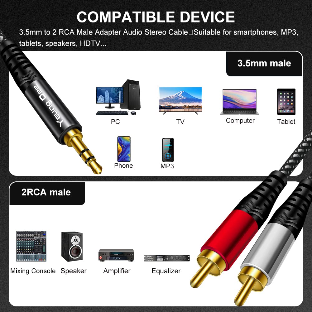 Yeung Qee 3.5mm to 2 RCA Audio Cable 1.5ft, Braided 3.5mm Male to 2RCA Male Stereo Audio Y Adapter Cable AUX RCA Splitter Cord Compatible