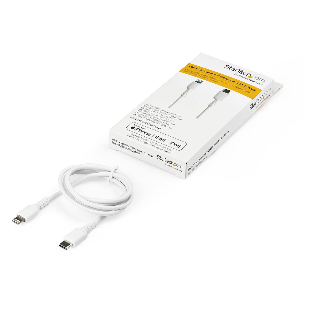 StarTech 3ft/1m USB-C to Lightning Cable White Rugged MFi (RUSBCLTMM1MW)