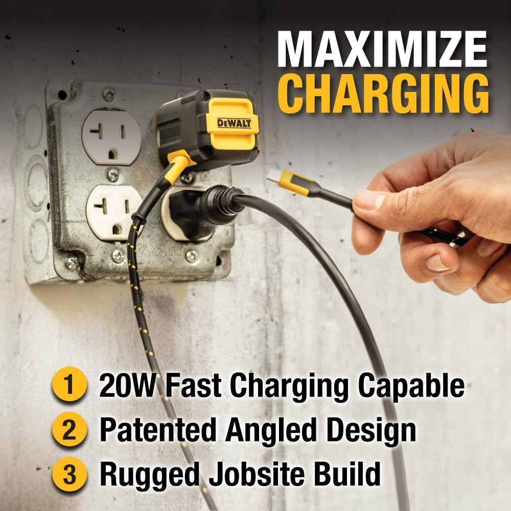 DEWALT 20W Dual USB-C Wall Charger Kit - PD & PPS Type C Fast Charging Adapter w/Folding Prongs, Never-Block-Outlet Design, Includes 4ft USB-C Cable