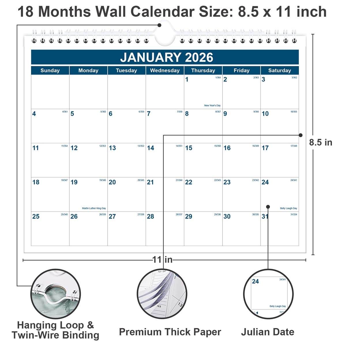 Calendar 2026-2027 - Monthly Wall Calendar from July 2026 - June 2027, Spiral Binding Hanging Wall Calendar 2026 for Home/Office, 8.5" x 11", Blue