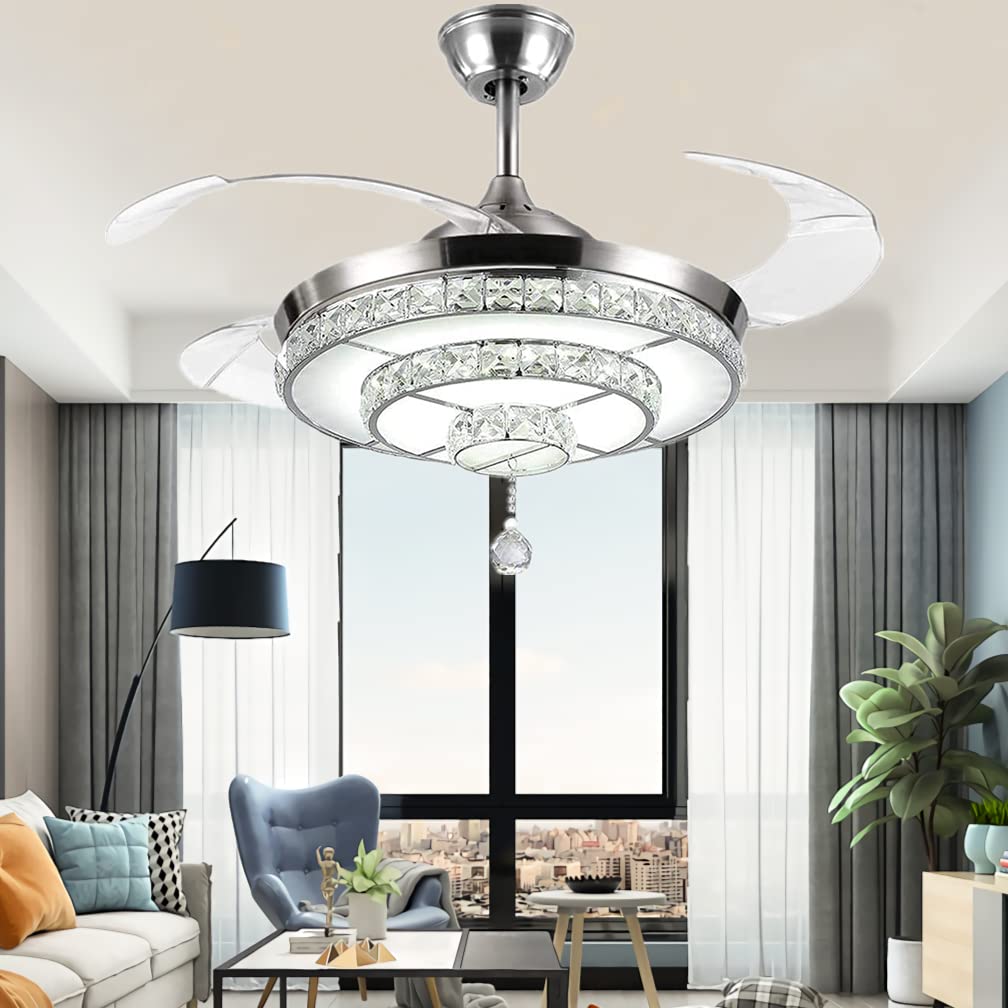 RuiWing 42" Crystal Ceiling Fan with LED Light, Remote Control Retractable
