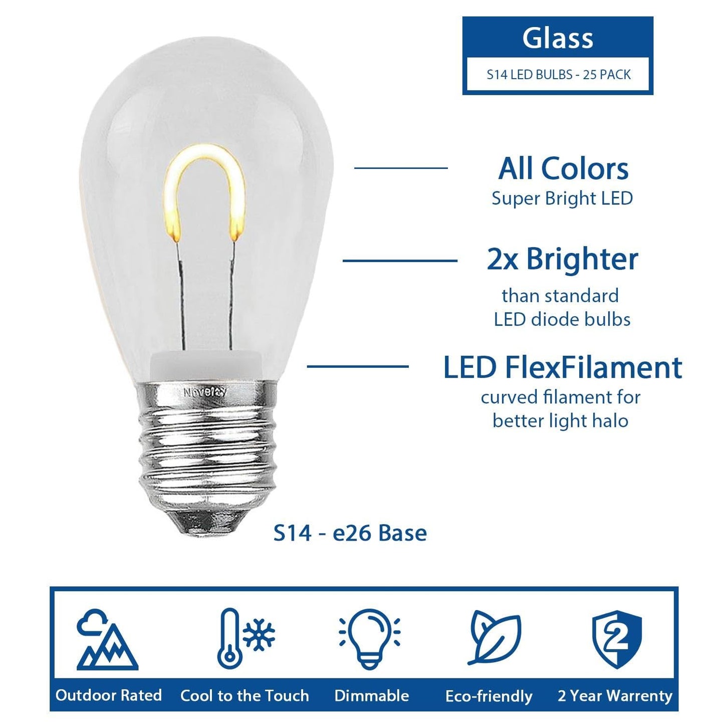Novelty Lights 25 Pack S14 LED Glass Flex Filament Patio Globe Bulbs