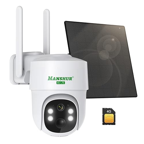 Manshur® 4G LTE Cellular Security Camera Outdoor Wireless, Cameras Without WiFi Needed 360°PTZ 2K/3MP Color Night Vision, 2 Way Talk, PIR Motion