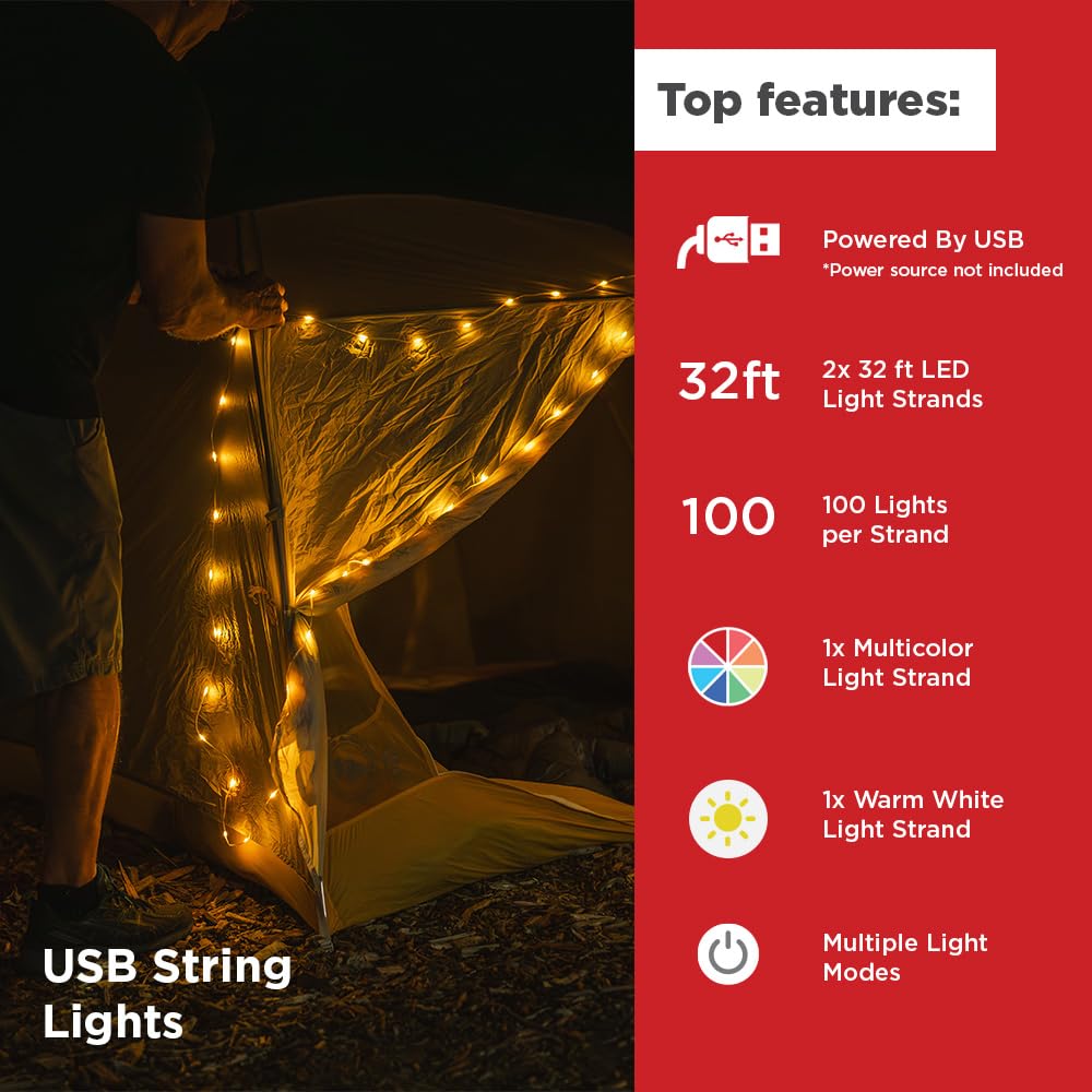 LuminAID LED String Lights - 2-Pack of 32ft USB Lights with 100 LED Bulbs per Strand - Warm White and Multicolor with 8 Modes - Perfect for Camping