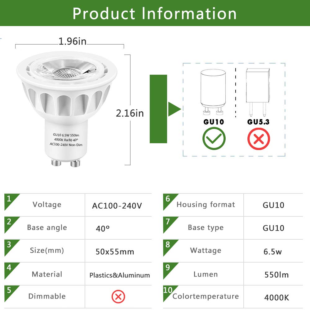 SZGMJIA GU10 LED Bulbs 120V GU10 Led Light 6.5W 4000K Non-Dimmable 6Pack