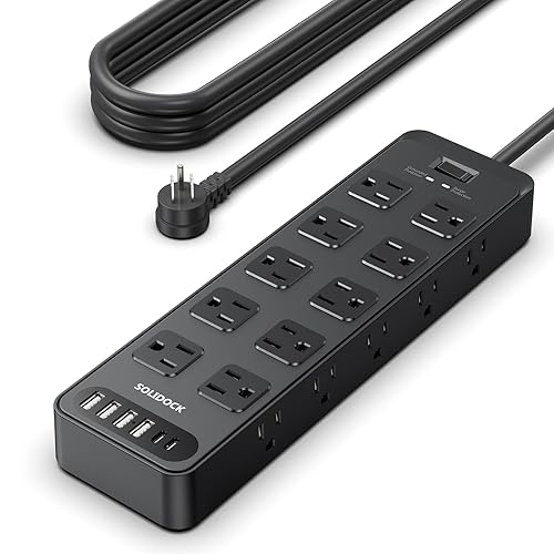 Solidock Flat Plug Power Strip Extension Cord with Multiple Outlets: 20 AC Outlets and 6 USB Ports (2 USB C) Surge Protector, 6Ft, 1875W/15A, 2700