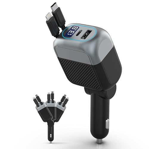 87W Retractable Car Charger, 4-in-1 Fast USB C Charging Car Adapter with 45W Type C Cable for iPhone 17/16 Pro Max & Samsung, 12W Lightning Cable