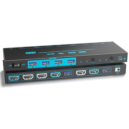 KVM/USB Dual Mode 8K Dual Monitor HDMI 2.1 KVM Switch 2 Monitors 2 Computers Cross Display 2 in 2 Out USB 3.0 KVM Support 8K@60Hz/4K@120Hz, with 2 USB