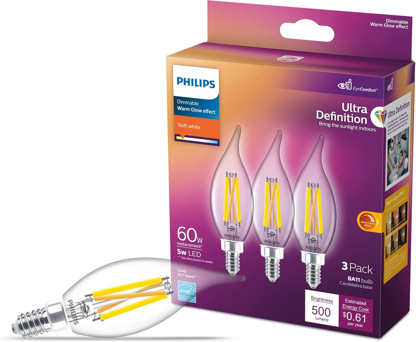 PHILIPS LED BA11 E12 Chandelier Bulbs, 3-Pack