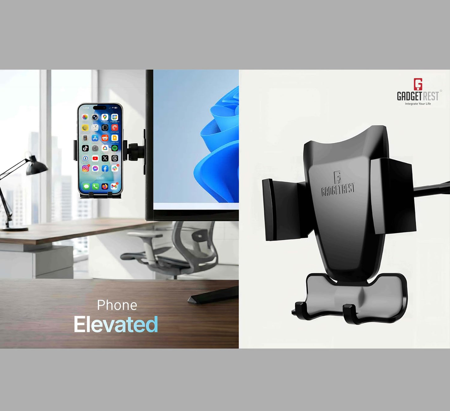 GadgetRest 2-in-1 Monitor Phone Holder & Headphone Hanger (Saves Desk Space, Hands-Free Video Calls)