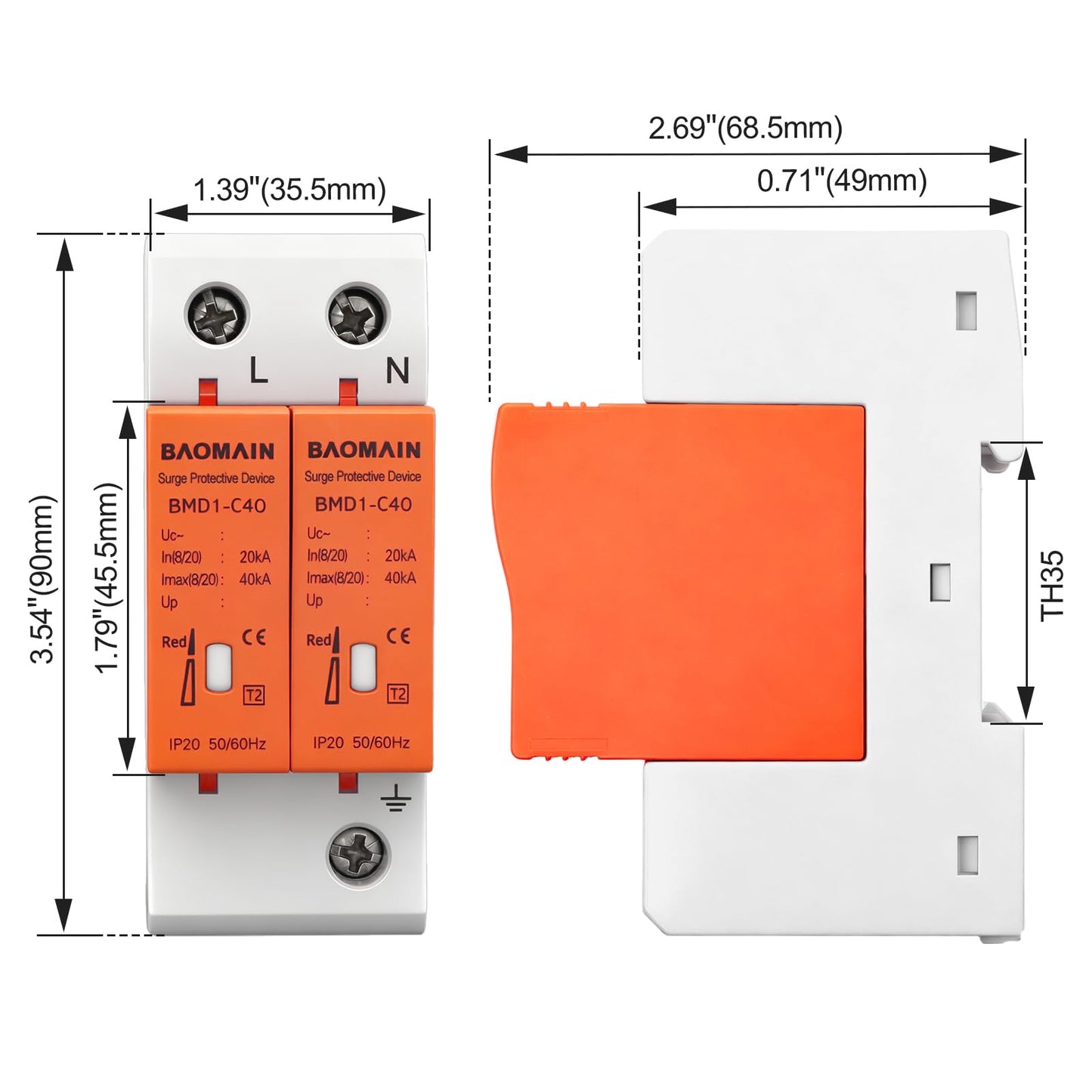 Baomain 2P (1P+N) Surge Protective,420V AC 40kA,BMD1-C40 Single-Phase SPD with Neutral Protection,DIN Rail Mounting,Flame Retardant Housing